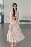 时髦洋气粉色v领碎花裙女初秋2025新款法式复古茶歇赫本风连衣裙，女装连衣裙，浙宝007A（原150A)