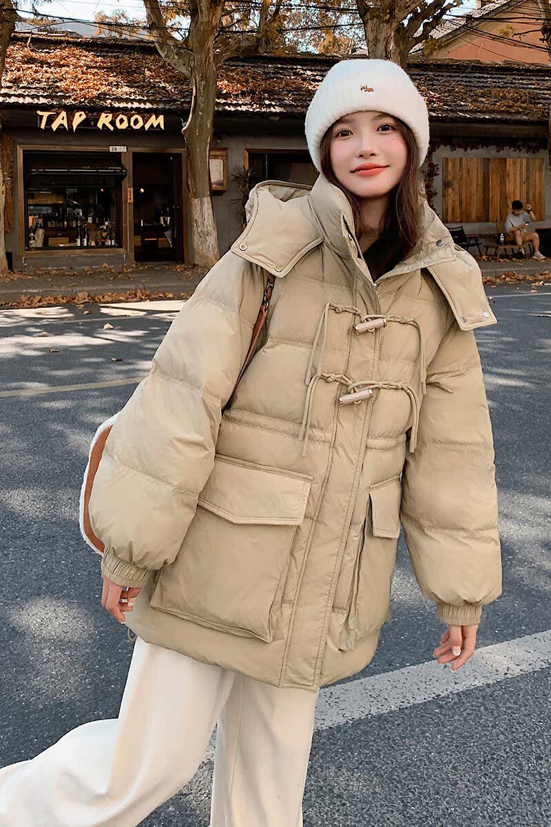 韩版洋气卡其色保暖连帽羽绒服女2025冬季新款显瘦加厚白鸭绒外套,女装羽绒服,浙宝007A（原150A)