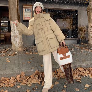 韩版洋气卡其色保暖连帽羽绒服女2025冬季新款显瘦加厚白鸭绒外套图片