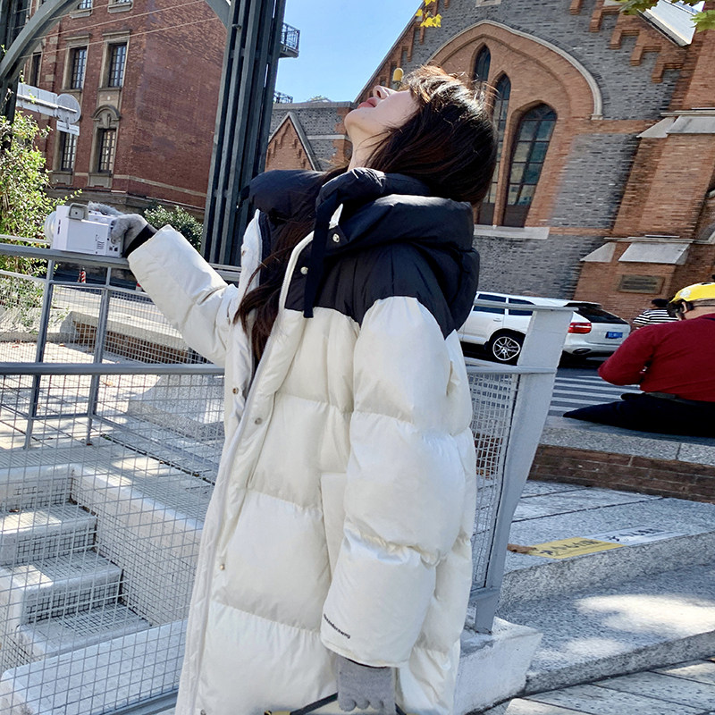 撞色拼接连帽羽绒服女2025冬季新款独特超好看韩系加厚长款面包服,女装羽绒服,浙宝007A（原150A)
