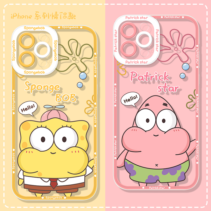 可爱卡通海绵适用iPhone14promax手机壳苹果13/12mini/15情侣创意7plus/8p透明xr/6sp日韩xsmax/se2/3保护套