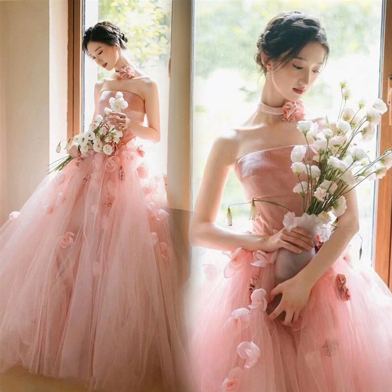 现货花仙子 浪漫粉色新娘结婚敬酒服晨袍宴会主持人婚纱晚礼服171