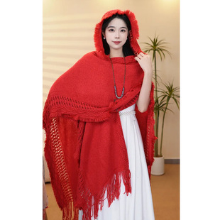 2025新款民族风披肩女秋冬外搭针织毛线帽子斗篷云南丽江旅游拍照