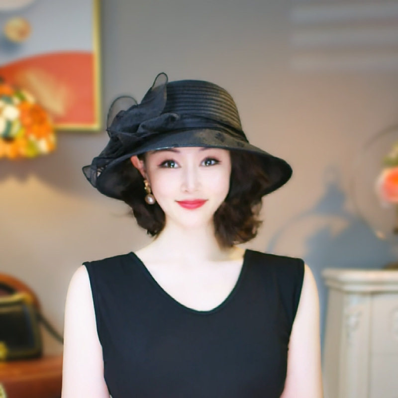气质优雅欧根纱帽子女春夏季凉帽渔夫帽百搭妈妈礼帽防晒帽太阳帽