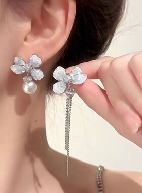 小红书同款不对称水晶花朵流苏耳环小众设计高级感复古小众感耳饰