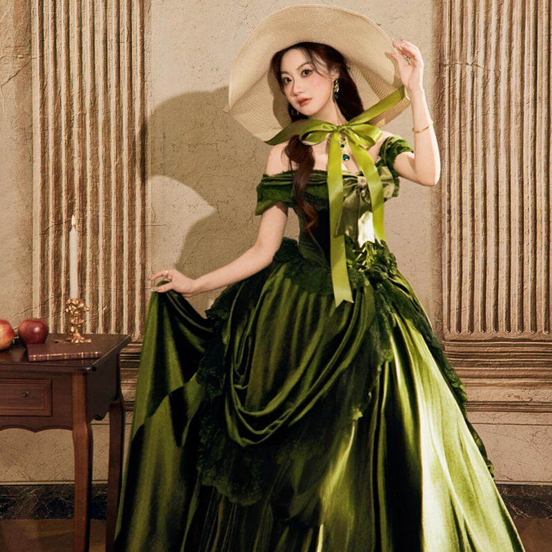 翡翠佳人斯嘉丽海马体拍照绿色订婚结婚晨袍敬酒服晚宴女礼服裙