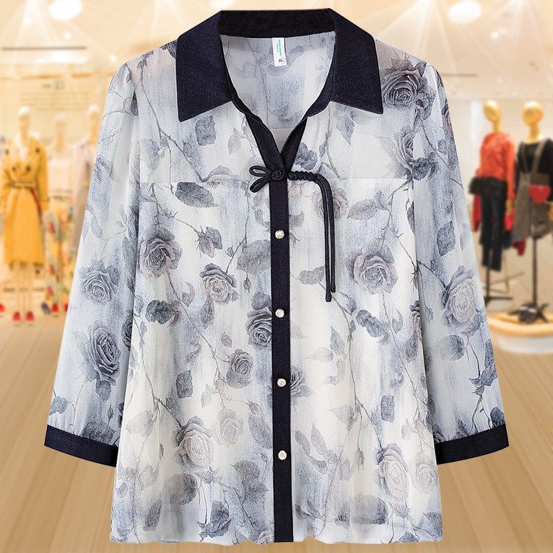 新中式妈妈装印花翻领七分袖夏季衬衫夏装新款雪纺小衫中老年上衣,女装/女士精品,大码内搭,淘宝优惠券,粉丝福利购,淘宝优惠卷