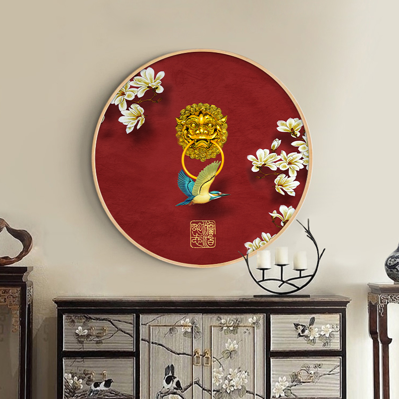 新中式圆形装饰画玄关走廊创意挂画餐厅饭店中国风红色喜庆祥瑞画图片