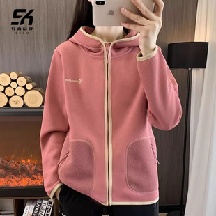 保暖加绒连帽卫衣户外跑步抓绒运动上衣 开衫 外套女2024秋冬季 新款
