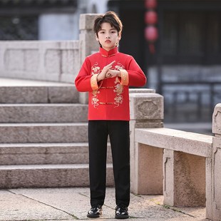 儿童古装中国风中山装男童唐装花童新年元旦主持人演出服红色礼服