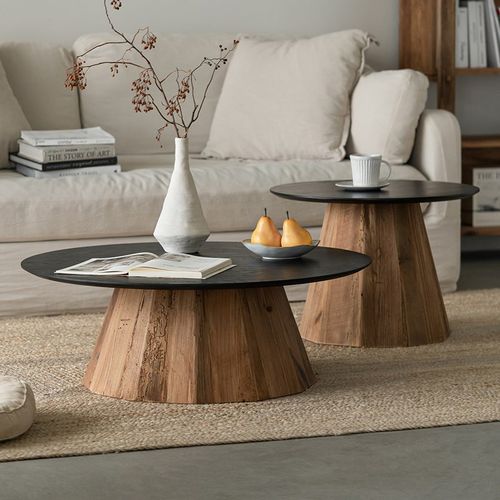 润家家居侘寂风复古老松木圆形茶几客厅组合拼色圆桌实木茶桌边几