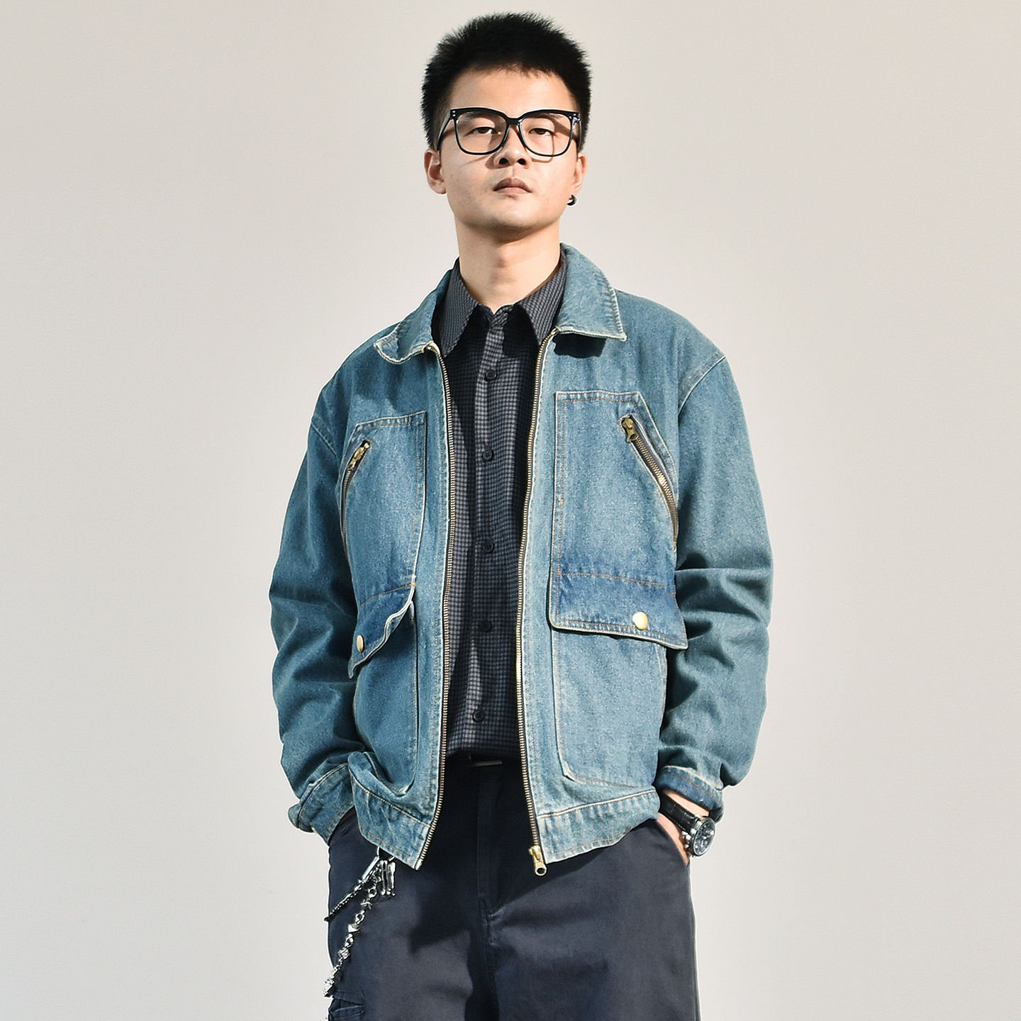 小众设计短宽廓形多口袋牛仔外套