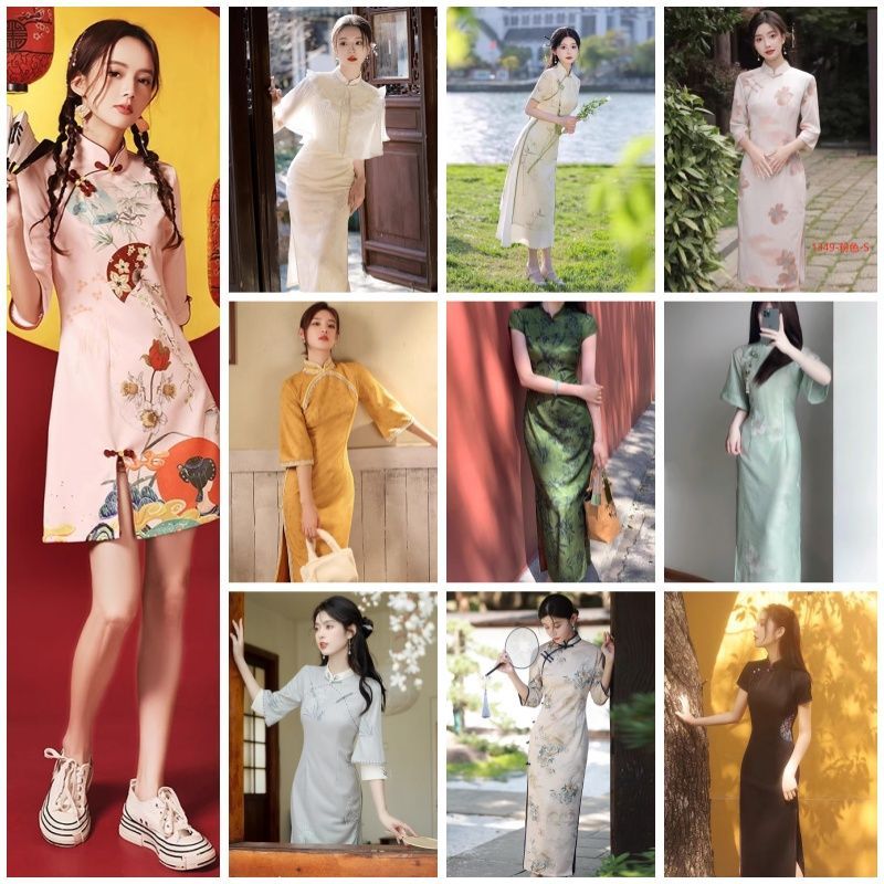租新中式旗袍长款短袖汉服套装