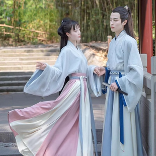 出租漢服男女情侶款 租賃 中國風演出大袖 魏晉制交領齊腰襦裙一片式