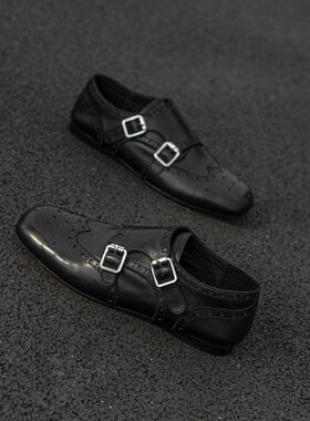 25春新款真皮平底黑色英伦风小皮鞋女平跟方头皮S带扣雕花懒人单