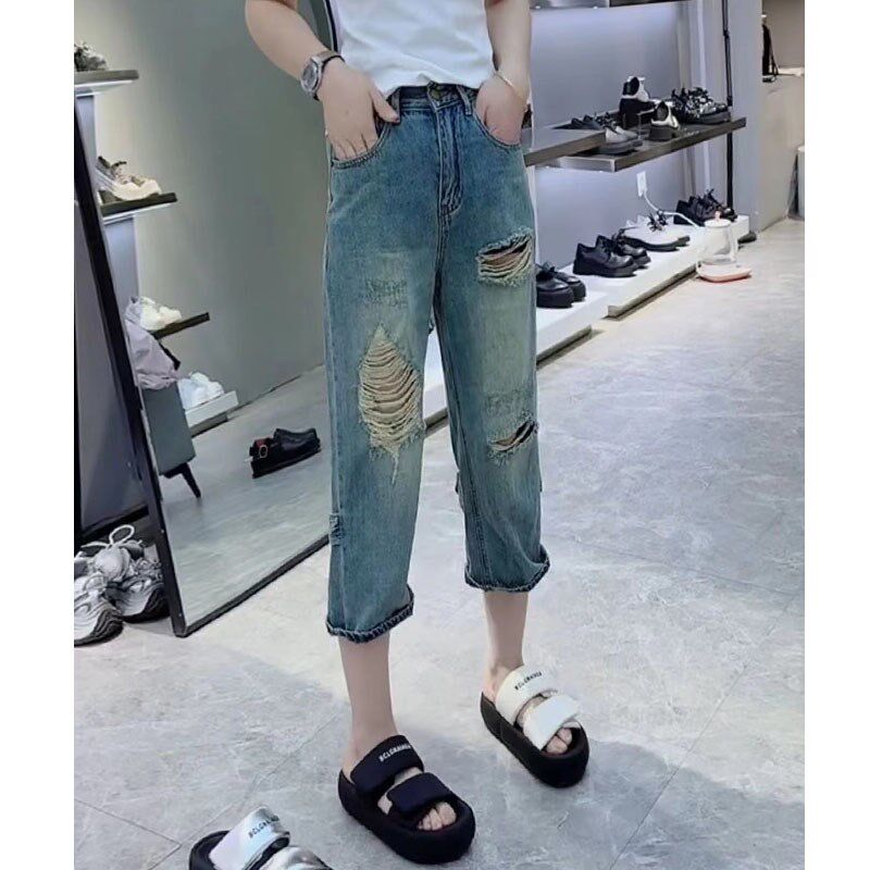 女装202d5新款夏季薄款显瘦裤子妹mm大码高腰宽松直筒破洞牛仔裤