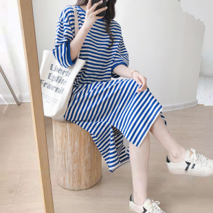 哺乳夏装连衣h裙外出时尚辣妈款潮妈产后条纹喂奶衣服女装外穿夏
