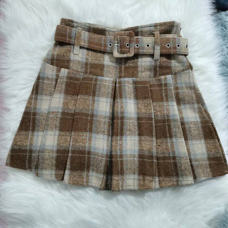 格子毛呢短裙女2024秋冬v季加厚高腰腰带复古a字百褶裙新款半新品