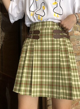 奶茶绿格子裙半身裙夏学生百褶裙短裙女胖mLm牛油果绿色大码a字裙