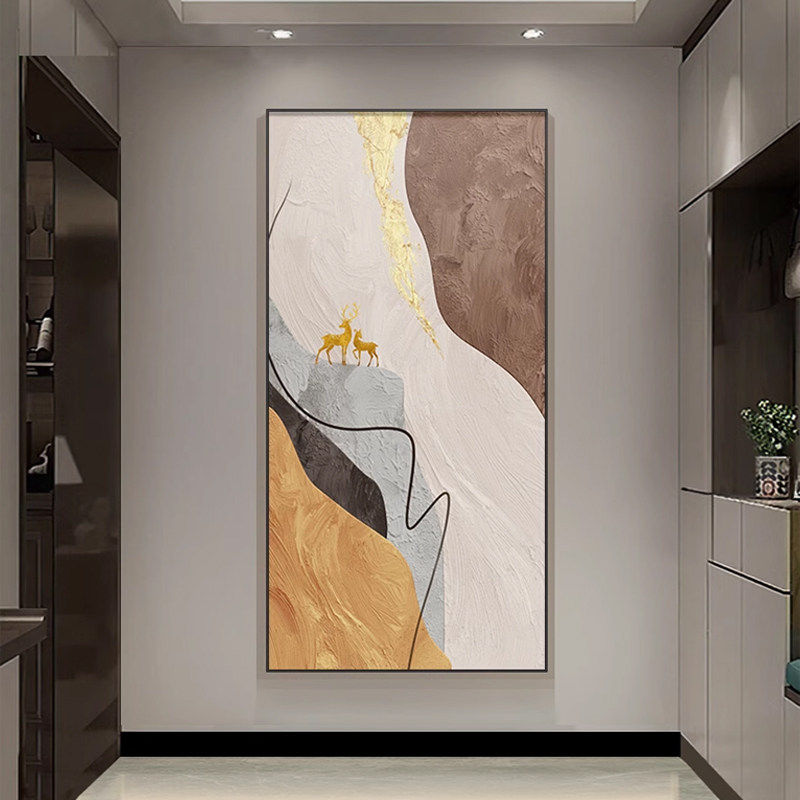 山间福鹿入户玄关装饰画正对门走廊过道挂画现代轻奢高档抽象壁画