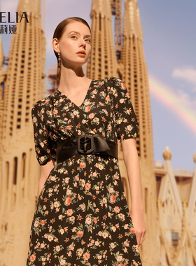 歌莉娅夏季新品16姆米真丝盛夜花园印花连衣裙1E6L4K990