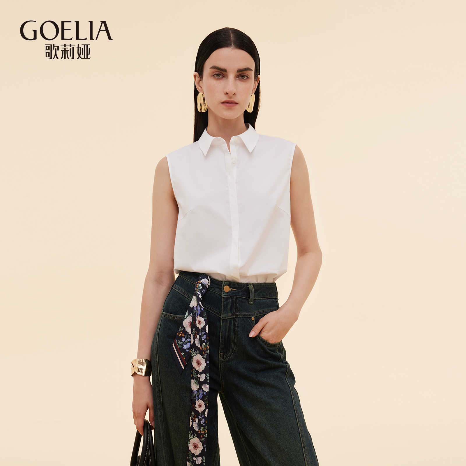 歌莉娅秋季新品无袖翻领棉衬衫1E8L3I100