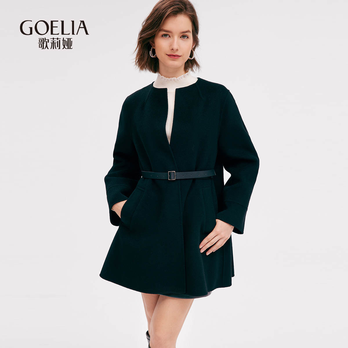 歌莉娅冬季中长款双面呢羊毛外套