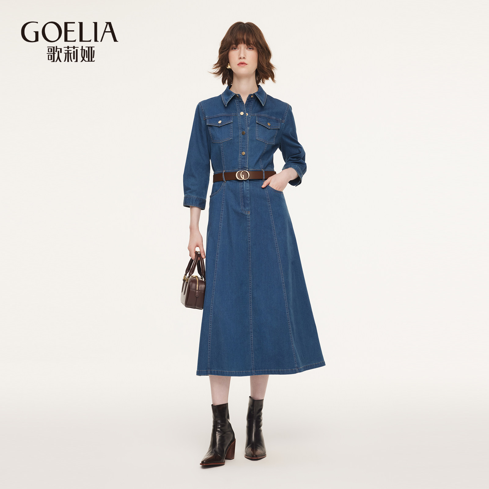 歌莉娅春季新品棉弹牛仔连衣裙（配腰带）1F2J4J180