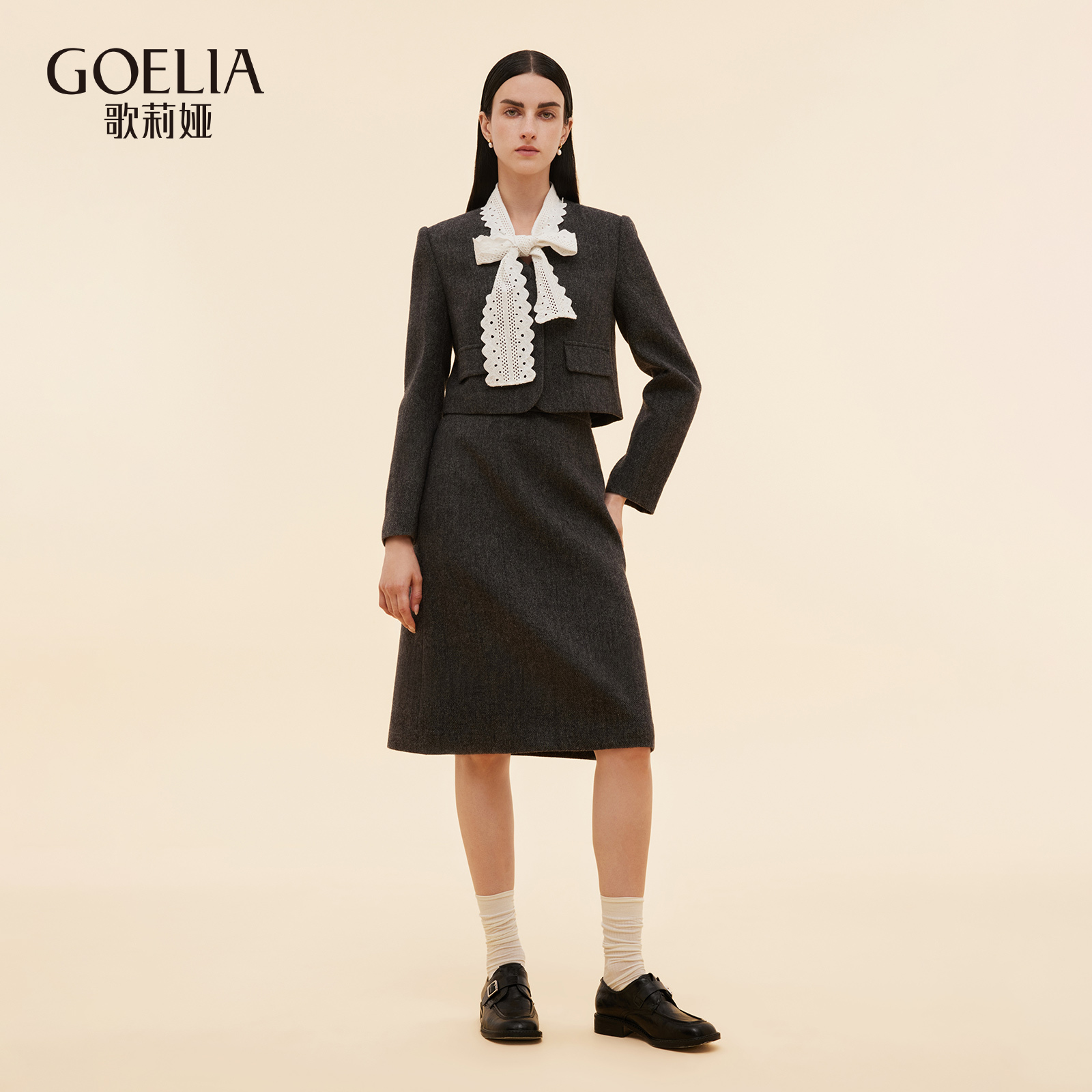 歌莉娅秋季新品花纱水洗羊毛套装（外套+半裙）1E9LAB0B0