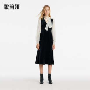 歌莉娅连衣裙女春季 高级感气质蕾丝拼接黑色丝绒裙1C1R4H470 新款