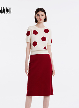 歌莉娅秋季新款高级感天丝毛织短袖波点套装红色半裙女1B7RAA520