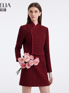 歌莉娅新中式套装女新年战袍旗袍国风短外套红色半身裙1C1RAB770