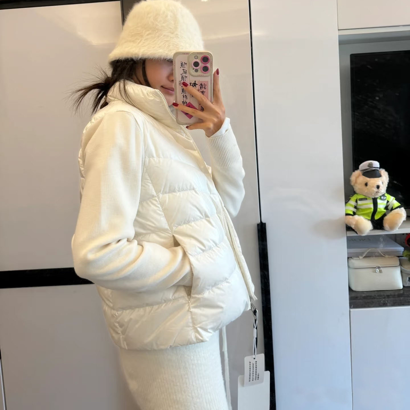 m家羽绒服女三防亮面免洗短款立领针织羊毛混纺长袖开衫轻薄外套