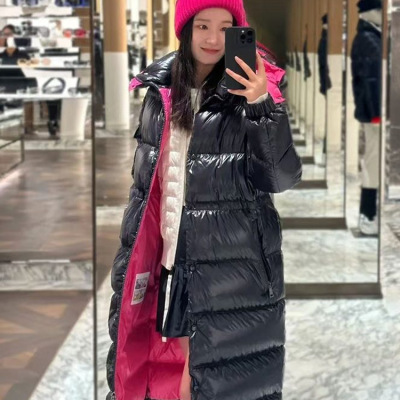 m家街头亮面连帽长款撞色鹅绒服