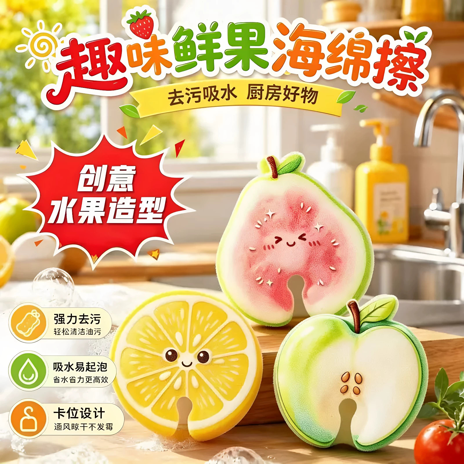 新款水果洗碗海绵擦家用厨房洗锅刷清洁神器易清洗吸水加厚百洁布