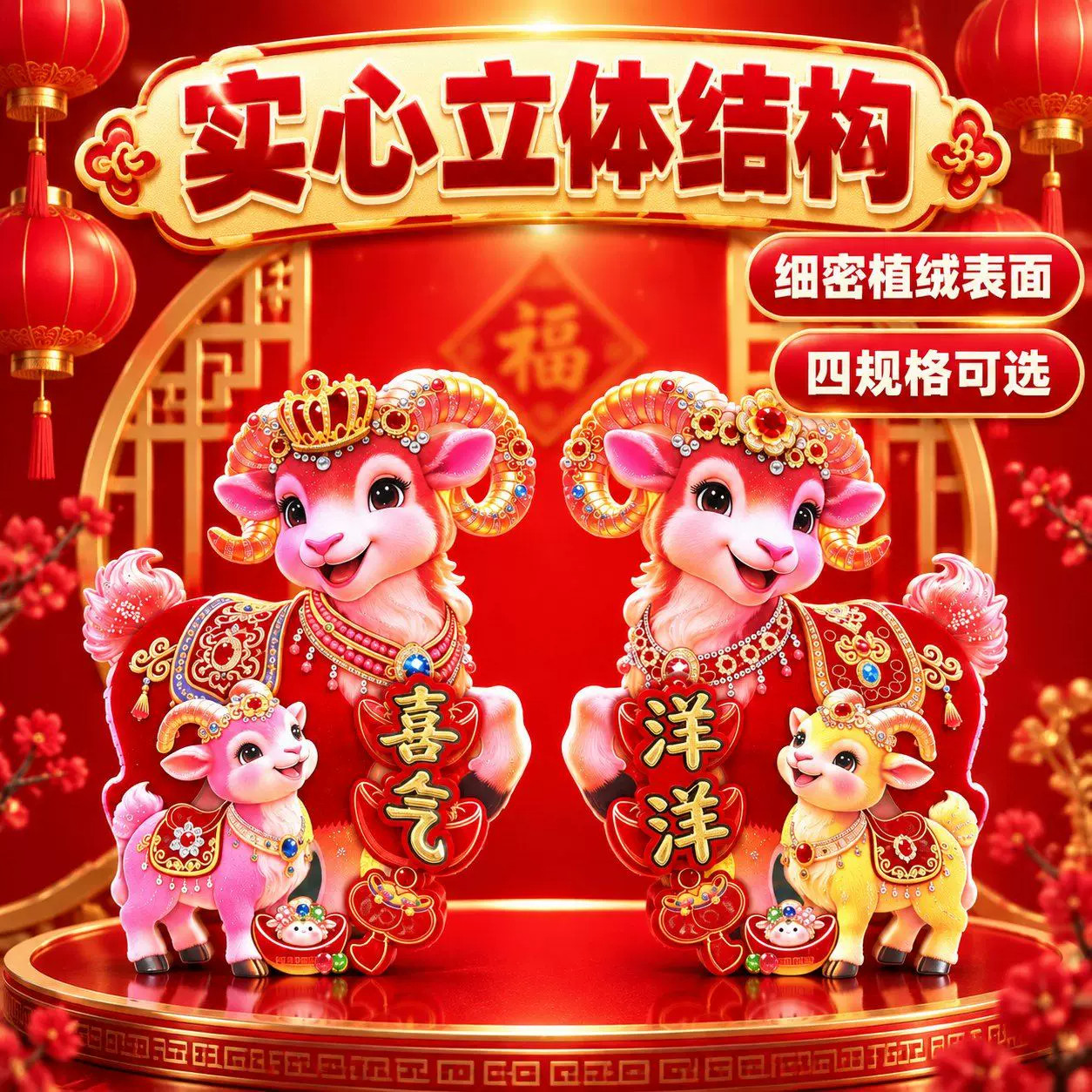2027羊年新款植绒精品生肖对贴门贴门玻璃窗花立体过年贴纸喜庆