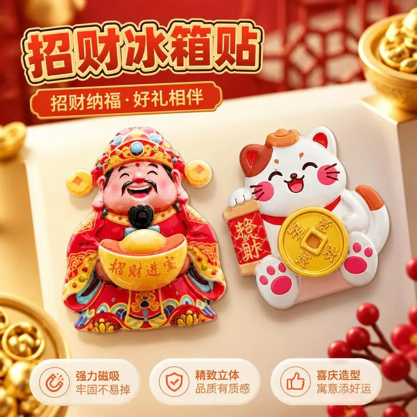 财神冰箱贴可转动磁吸立体创意招财猫新年财源滚滚招财进宝批发