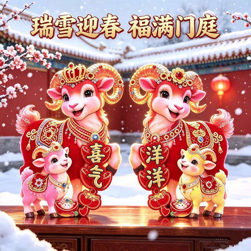 2027羊年新款植绒精品生肖对贴门贴门玻璃窗花立体过年贴纸喜庆