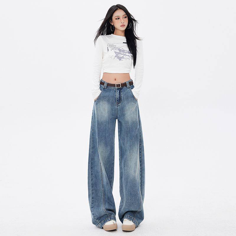 秋冬新款美式弯刀阔腿软牛仔裤女宽松设计感梨形身材拖地裤子