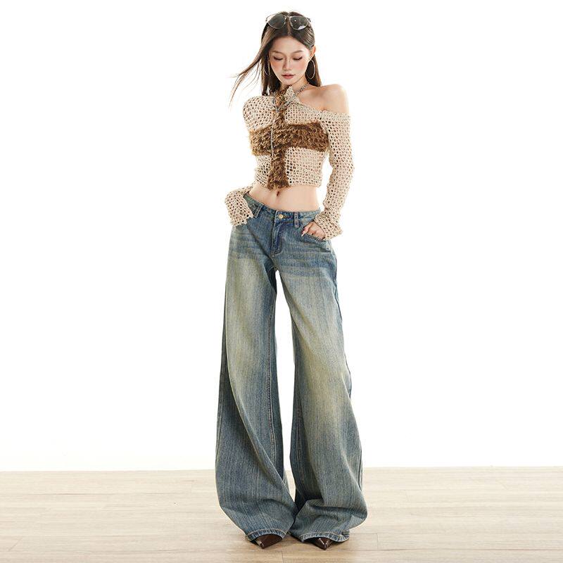 秋季新款显瘦重磅复古蓝竹节纹微喇牛仔裤女低腰宽松喇叭裤阔腿裤,女装/女士精品,牛仔裤,淘宝优惠券,粉丝福利购,淘宝优惠卷