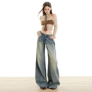阔腿裤 女低腰宽松喇叭裤 重磅复古蓝竹节纹微喇牛仔裤 YKK拉链新款