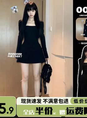 202好新款早春季4黑色秋方领连TDE衣裙子春款女装小个子法式超看