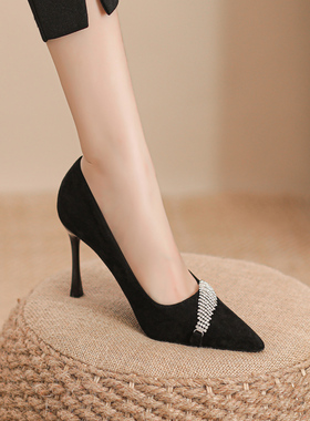 法式水钻黑色高跟鞋细跟不累脚绒面B职业单鞋脚宽胖大码女鞋41-43