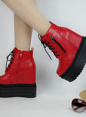 坡跟超高跟短靴13lCM松糕厚底女鞋秋冬时尚前系带红色内增高马丁