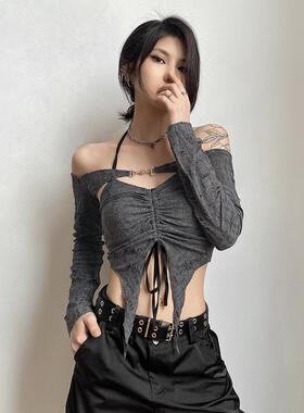 KLIO 拽姐穿K22S1801搭灰色不规则抽绳挂脖吊背心外罩搭长带U袖衫