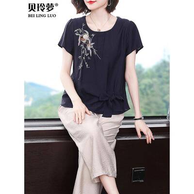 妈妈时套装女夏国装2024款洋气新遮肉中风尚阔腿裤中RZG年纯棉两