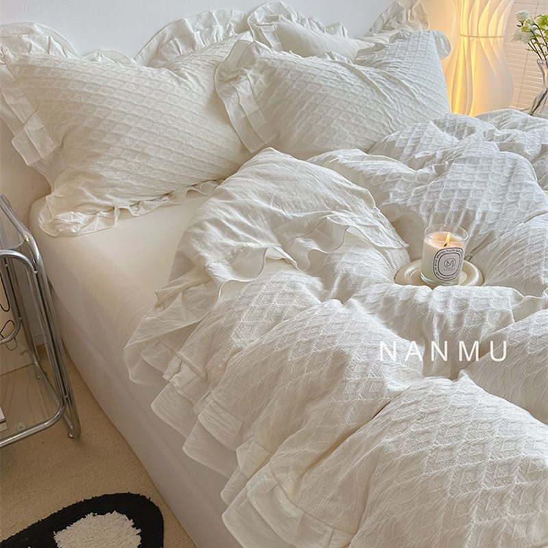 半眠日记|仙女奶油白花边全棉四件套少女心干净T白色纯棉床品床笠