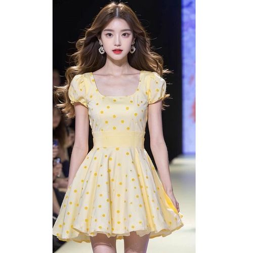 高级感气质法式荷l叶边收腰黄色波点连衣裙女夏季小个X子a字短裙