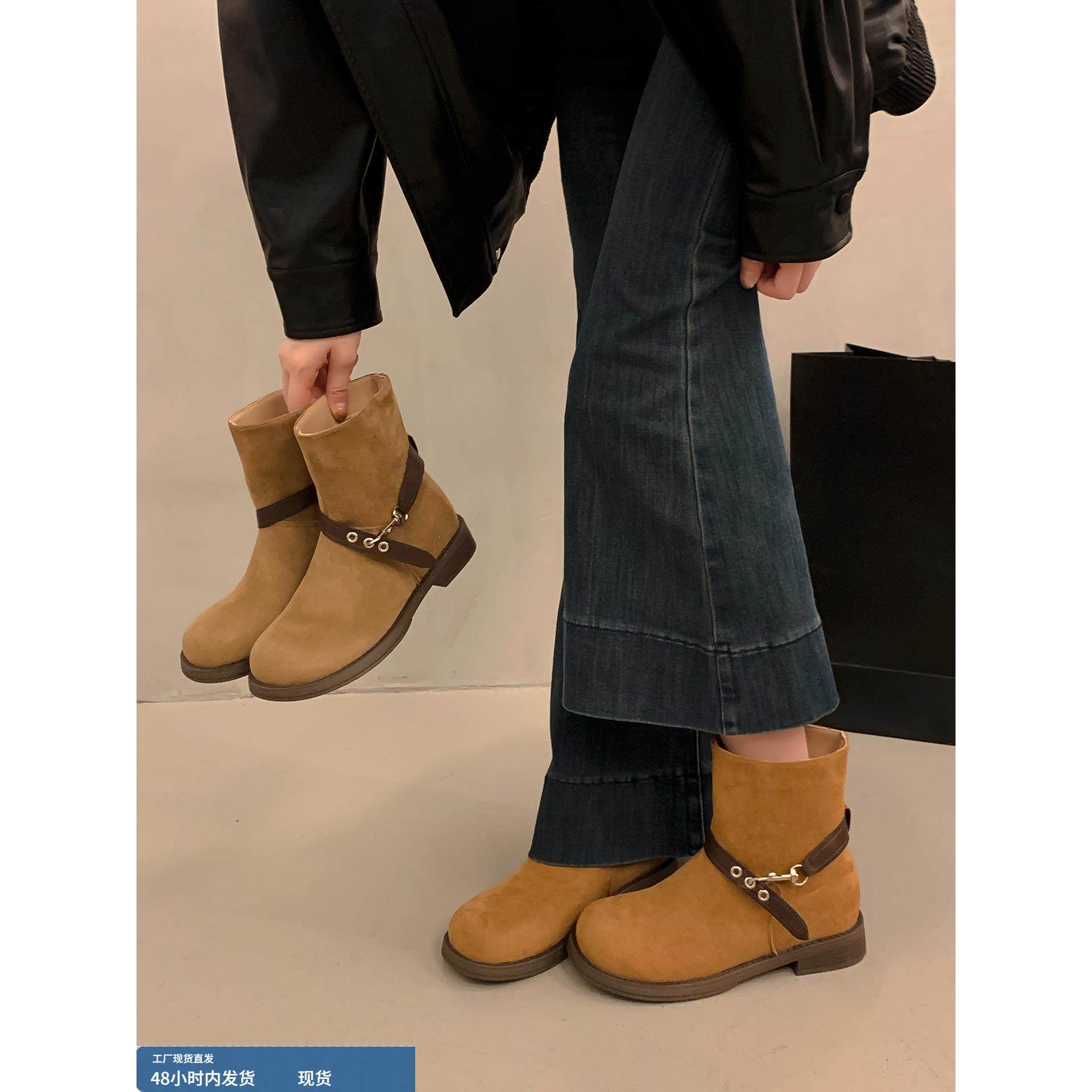 皮带扣马丁靴女秋冬厚底直筒西部牛仔靴覆古粗跟机车短靴骑士靴子