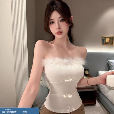 法式毛毛拼接性感抹胸背心女冬季新款纯欲辣妹修身时尚内搭短上衣